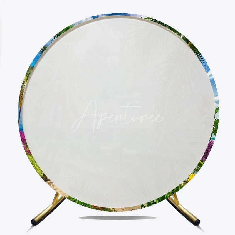 Aperturee - Aperturee Vibrant Tropical Beach Round Backdrop with Palm Trees and Turquoise Ocean Waves Summer Paradise Party Decor