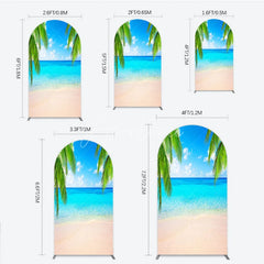 Aperturee - Aperturee Vibrant Tropical Beach with Blue Ocean and Sandy Shore Round Top Arch Backdrop Green Palm Trees Summer Party Decor