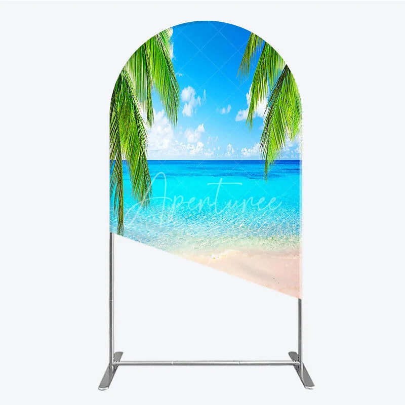 Aperturee - Aperturee Vibrant Tropical Beach with Blue Ocean and Sandy Shore Round Top Arch Backdrop Green Palm Trees Summer Party Decor