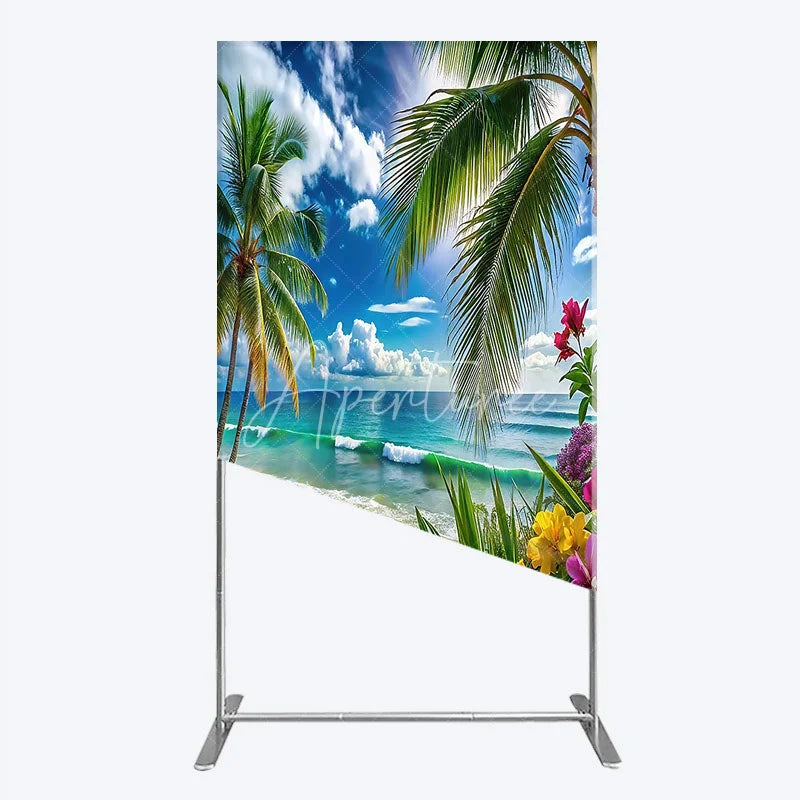 Aperturee - Aperturee Vibrant Tropical Beach with Palm Trees and Ocean Waves Rectangle Arch Backdrop Summer Vacation Party Decor
