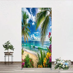 Aperturee - Aperturee Vibrant Tropical Beach with Palm Trees and Ocean Waves Rectangle Arch Backdrop Summer Vacation Party Decor
