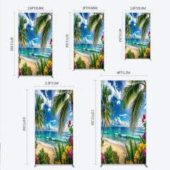 Aperturee - Aperturee Vibrant Tropical Beach with Palm Trees and Ocean Waves Rectangle Arch Backdrop Summer Vacation Party Decor