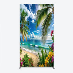 Aperturee - Aperturee Vibrant Tropical Beach with Palm Trees and Ocean Waves Rectangle Arch Backdrop Summer Vacation Party Decor