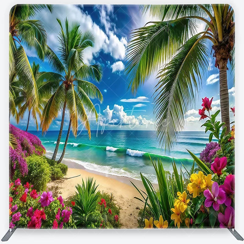 Aperturee - Aperturee Vibrant Tropical Beach with Palm Trees and Ocean Waves Square Double-Sided Backdrop Scenic Summer Party Decor