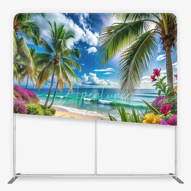 Aperturee - Aperturee Vibrant Tropical Beach with Palm Trees and Ocean Waves Square Double-Sided Backdrop Scenic Summer Party Decor