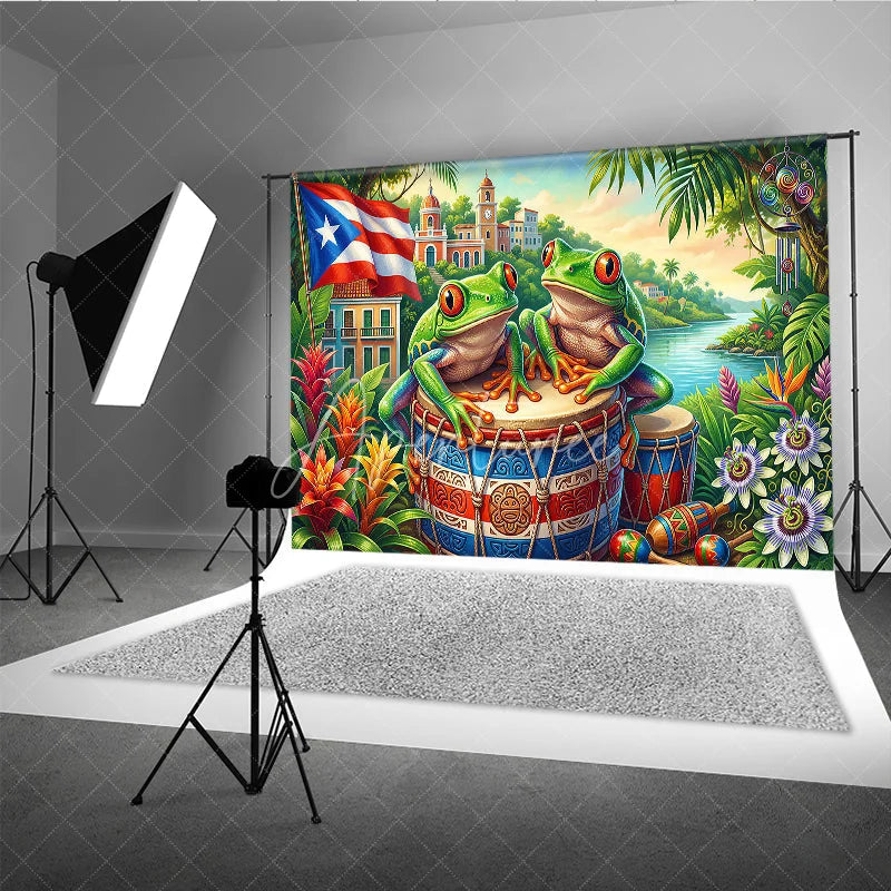 Aperturee - Aperturee Vibrant Tropical Coqui Frog and Puerto Rican Flag Holiday Backdrop Lush Caribbean Island Scene Decor