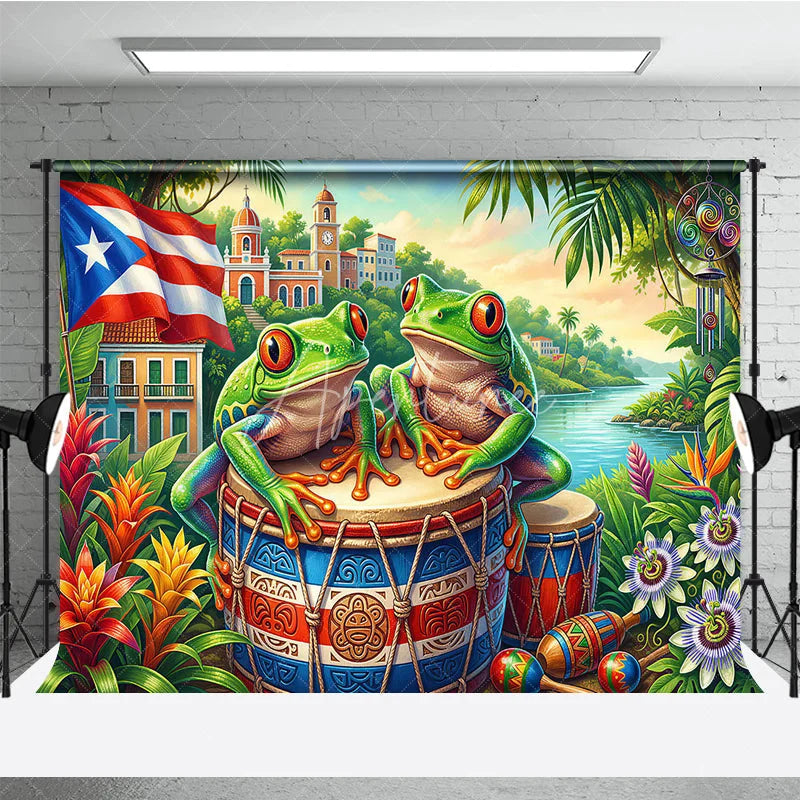 Aperturee - Aperturee Vibrant Tropical Coqui Frog and Puerto Rican Flag Holiday Backdrop Lush Caribbean Island Scene Decor