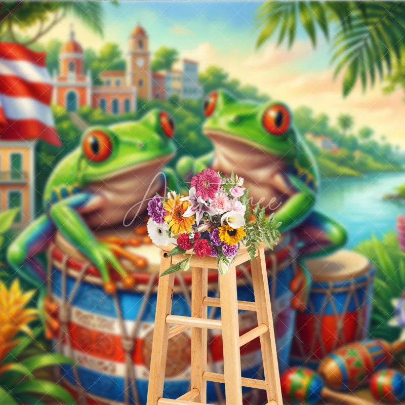 Aperturee - Aperturee Vibrant Tropical Coqui Frog and Puerto Rican Flag Holiday Backdrop Lush Caribbean Island Scene Decor