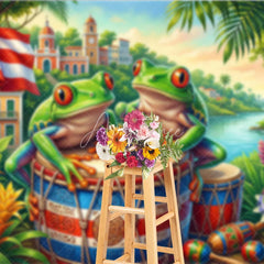 Aperturee - Aperturee Vibrant Tropical Coqui Frog and Puerto Rican Flag Holiday Backdrop Lush Caribbean Island Scene Decor