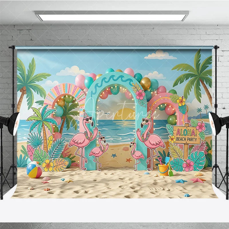 Aperturee - Aperturee Vibrant Tropical Flamingo Beach Party Photography Backdrop featuring Palm Trees and Aloha Sign for Summer Celebrations