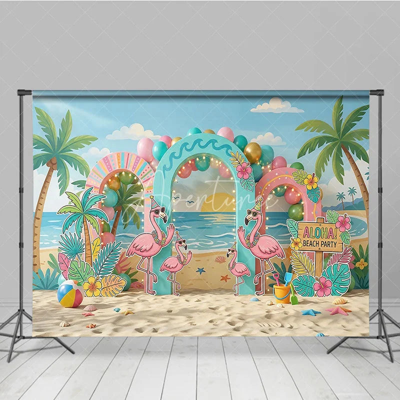 Aperturee - Aperturee Vibrant Tropical Flamingo Beach Party Photography Backdrop featuring Palm Trees and Aloha Sign for Summer Celebrations
