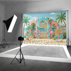 Aperturee - Aperturee Vibrant Tropical Flamingo Beach Party Photography Backdrop featuring Palm Trees and Aloha Sign for Summer Celebrations