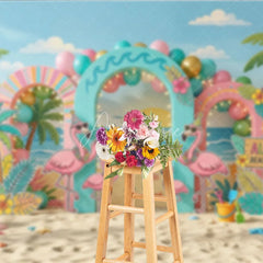 Aperturee - Aperturee Vibrant Tropical Flamingo Beach Party Photography Backdrop featuring Palm Trees and Aloha Sign for Summer Celebrations