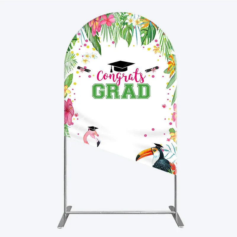 Aperturee - Aperturee Vibrant Tropical Graduation Arch Backdrop with Flamingo Toucan and Congrats GRAD Text for Festive Party Decor