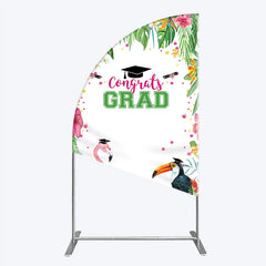 Aperturee - Aperturee Vibrant Tropical Graduation Half Moon Arch Backdrop with Flamingo Toucan and Congrats GRAD Text for Festive Party