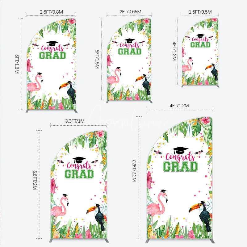 Aperturee - Aperturee Vibrant Tropical Graduation Half Moon Arch Backdrop with Flamingo Toucan and Congrats GRAD Text for Festive Party