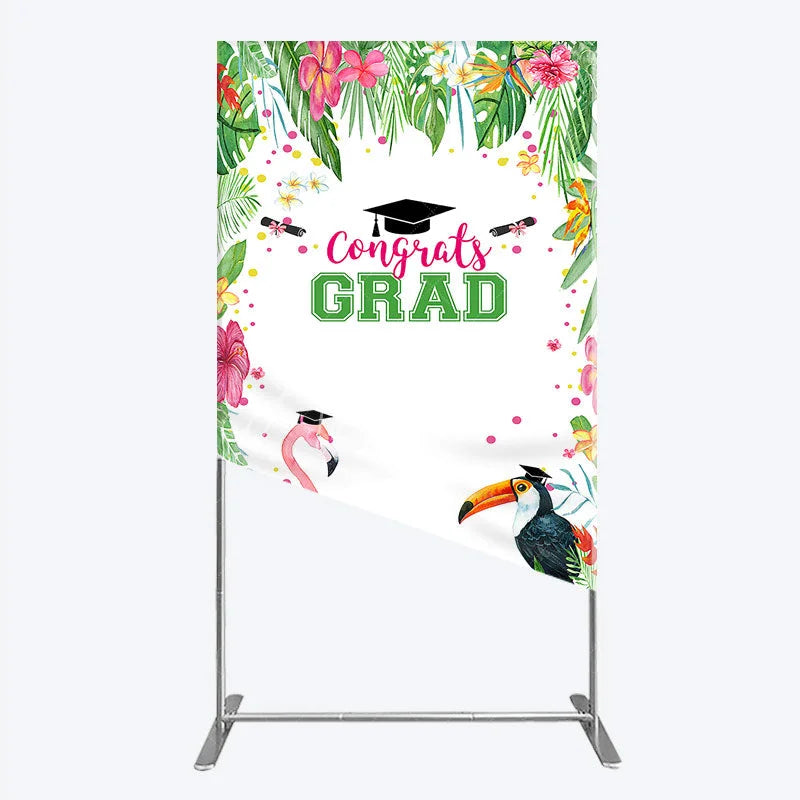Aperturee - Aperturee Vibrant Tropical Graduation Rectangle Backdrop with Flamingo Toucan and Congrats GRAD Text for Festive Party Decor