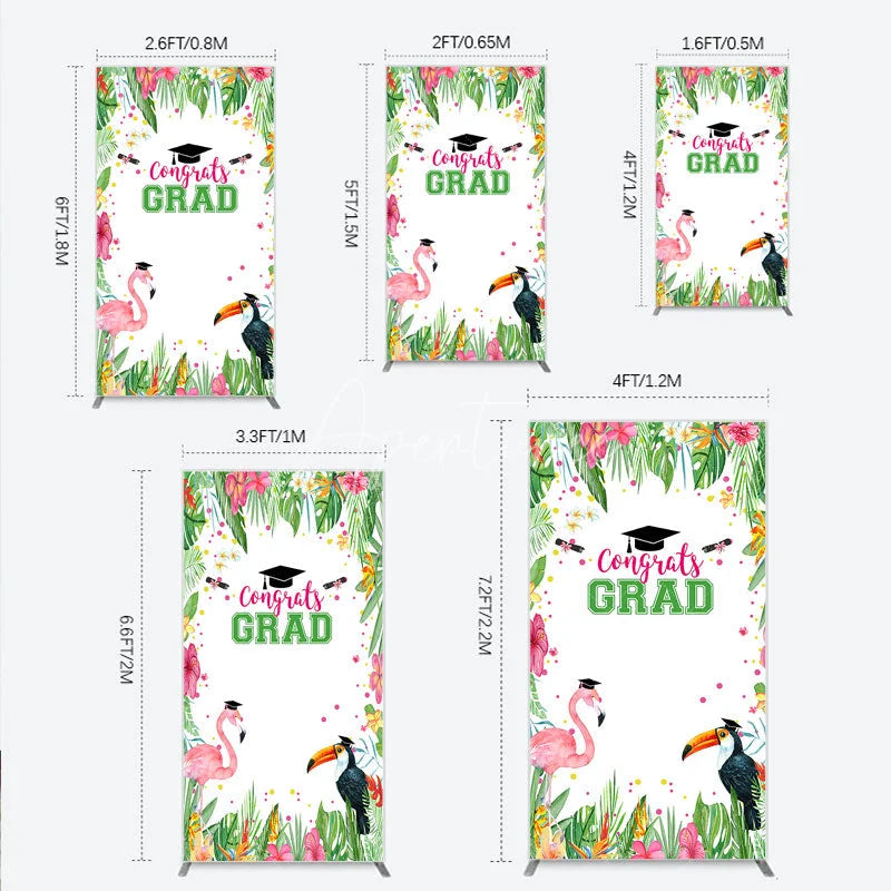 Aperturee - Aperturee Vibrant Tropical Graduation Rectangle Backdrop with Flamingo Toucan and Congrats GRAD Text for Festive Party Decor