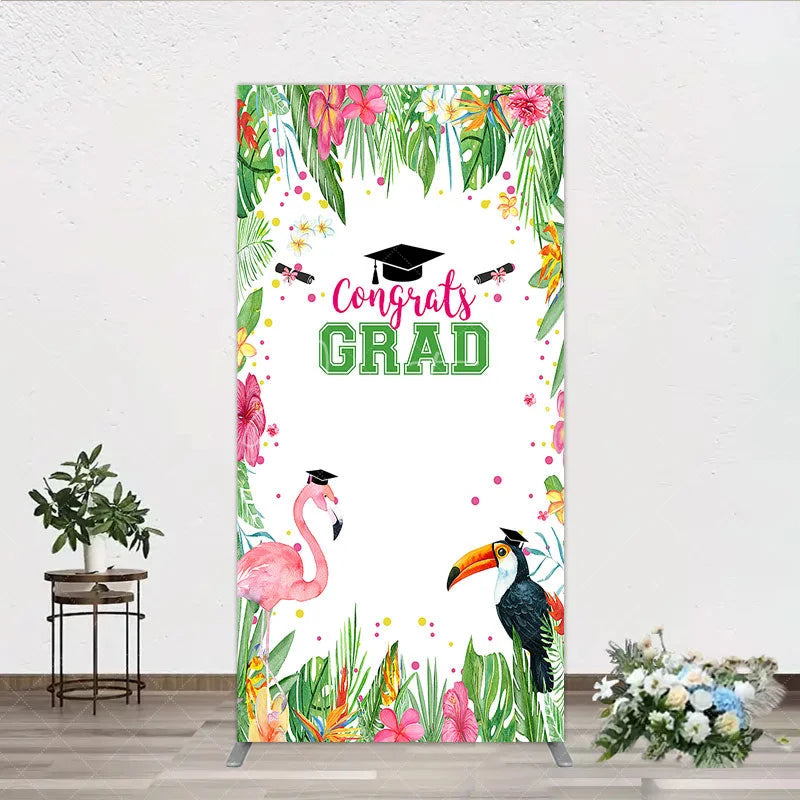 Aperturee - Aperturee Vibrant Tropical Graduation Rectangle Backdrop with Flamingo Toucan and Congrats GRAD Text for Festive Party Decor