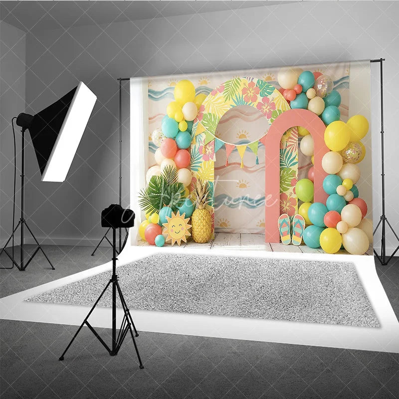 Aperturee - Aperturee Vibrant Tropical Hawaiian Photography Backdrop with Hibiscus Flowers and Palm Leaves Balloons for Summer Party Decor