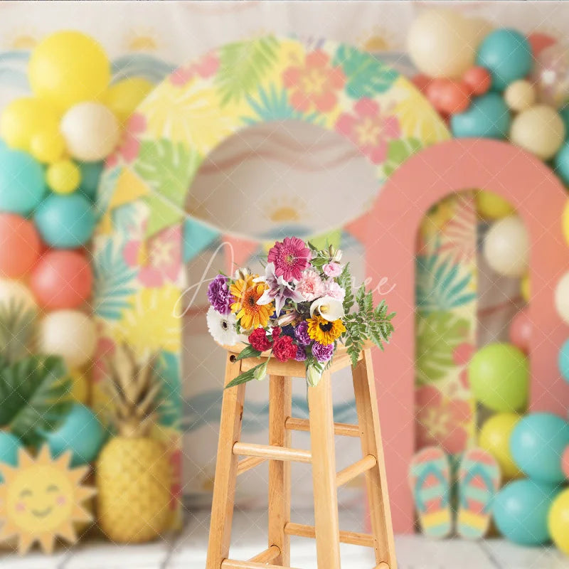 Aperturee - Aperturee Vibrant Tropical Hawaiian Photography Backdrop with Hibiscus Flowers and Palm Leaves Balloons for Summer Party Decor