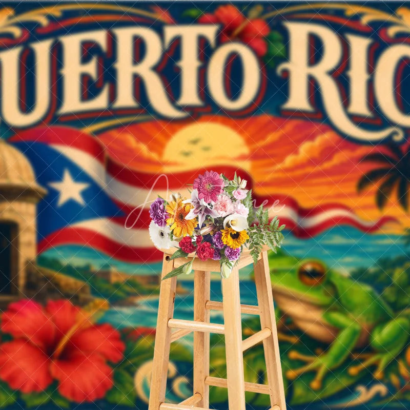 Aperturee - Aperturee Vibrant Tropical Island Holiday Backdrop featuring a Caribbean Sunset Ocean View Historic Fort and Green Frog.