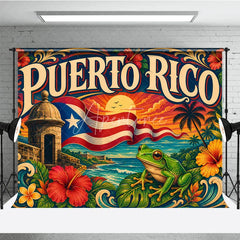 Aperturee - Aperturee Vibrant Tropical Island Holiday Backdrop featuring a Caribbean Sunset Ocean View Historic Fort and Green Frog.