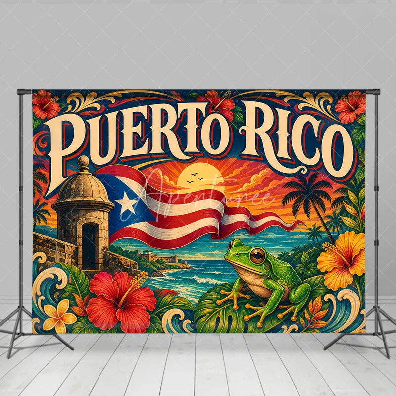 Aperturee - Aperturee Vibrant Tropical Island Holiday Backdrop featuring a Caribbean Sunset Ocean View Historic Fort and Green Frog.