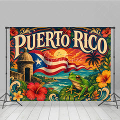 Aperturee - Aperturee Vibrant Tropical Island Holiday Backdrop featuring a Caribbean Sunset Ocean View Historic Fort and Green Frog.
