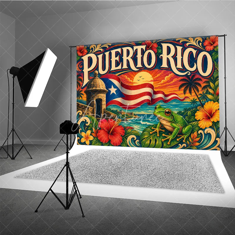Aperturee - Aperturee Vibrant Tropical Island Holiday Backdrop featuring a Caribbean Sunset Ocean View Historic Fort and Green Frog.