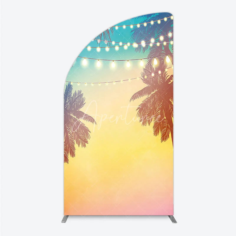 Aperturee - Aperturee Vibrant Tropical Sunset Half Moon Arch Backdrop with Palm Trees and String Lights Summer Beach Party Decor