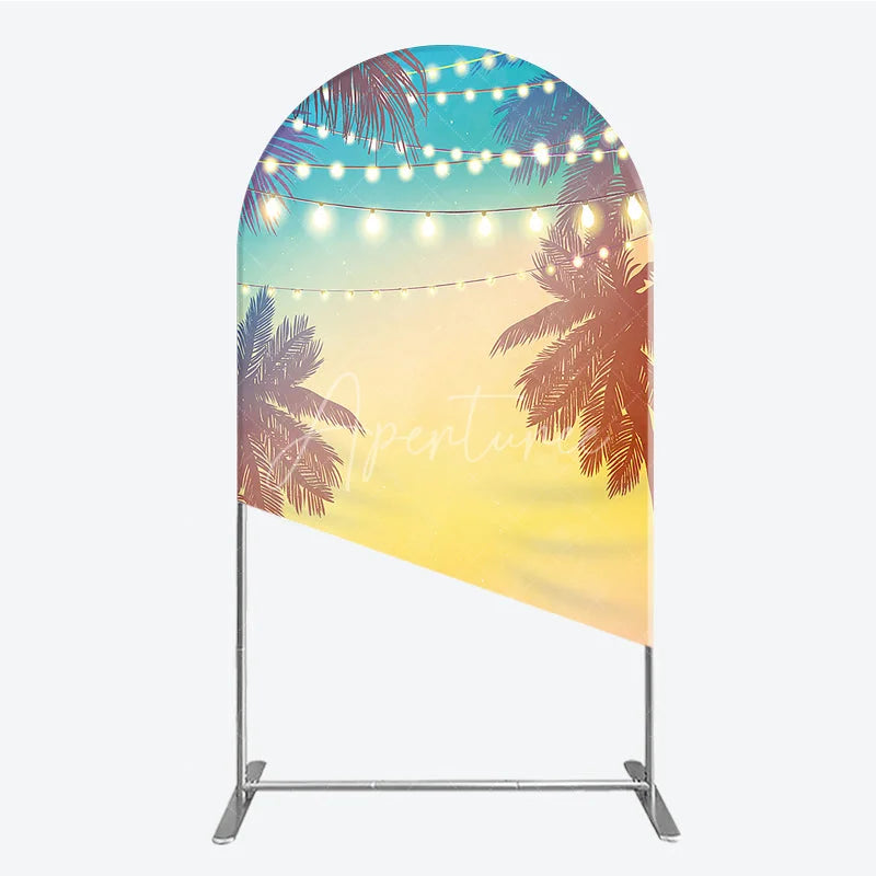 Aperturee - Aperturee Vibrant Tropical Sunset Palm Tree and String Lights Round Top Arch Backdrop Summer Beach Party Decor