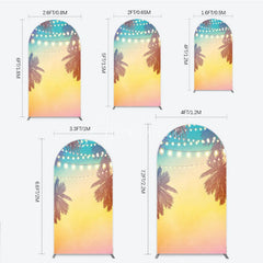 Aperturee - Aperturee Vibrant Tropical Sunset Palm Tree and String Lights Round Top Arch Backdrop Summer Beach Party Decor