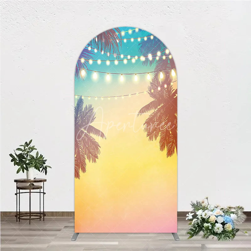 Aperturee - Aperturee Vibrant Tropical Sunset Palm Tree and String Lights Round Top Arch Backdrop Summer Beach Party Decor