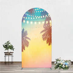Aperturee - Aperturee Vibrant Tropical Sunset Palm Tree and String Lights Round Top Arch Backdrop Summer Beach Party Decor