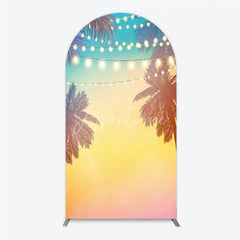 Aperturee - Aperturee Vibrant Tropical Sunset Palm Tree and String Lights Round Top Arch Backdrop Summer Beach Party Decor