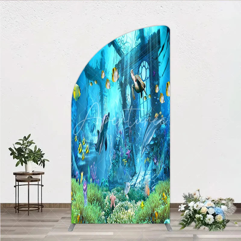 Aperturee - Aperturee Vibrant Underwater Ocean Half Moon Arch Backdrop with Dolphins Sea Turtle and Colorful Fish for Birthday Party