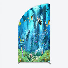 Aperturee - Aperturee Vibrant Underwater Ocean Half Moon Arch Backdrop with Dolphins Sea Turtle and Colorful Fish for Birthday Party