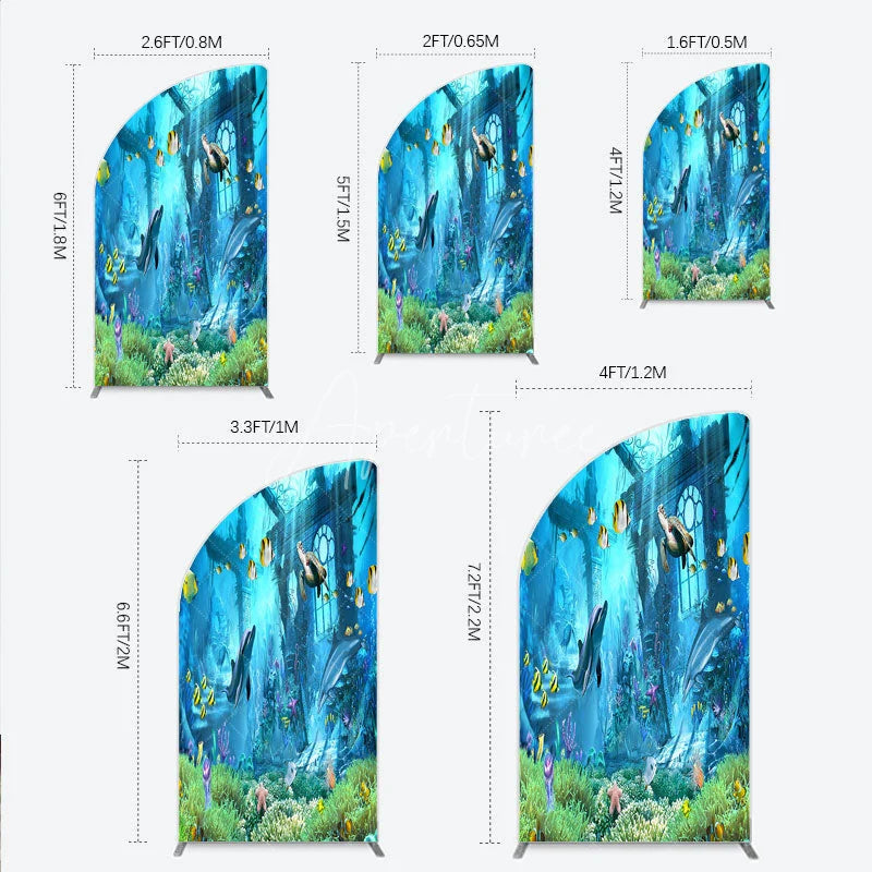 Aperturee - Aperturee Vibrant Underwater Ocean Half Moon Arch Backdrop with Dolphins Sea Turtle and Colorful Fish for Birthday Party