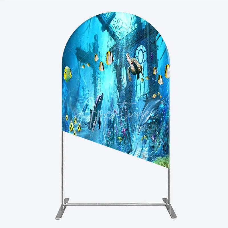 Aperturee - Aperturee Vibrant Underwater Ocean Round Top Arch Backdrop with Dolphins Sea Turtle Fish Sunken Ruins Coral Reef Party Decor