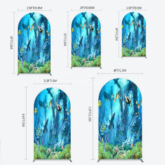 Aperturee - Aperturee Vibrant Underwater Ocean Round Top Arch Backdrop with Dolphins Sea Turtle Fish Sunken Ruins Coral Reef Party Decor