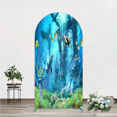 Aperturee - Aperturee Vibrant Underwater Ocean Round Top Arch Backdrop with Dolphins Sea Turtle Fish Sunken Ruins Coral Reef Party Decor