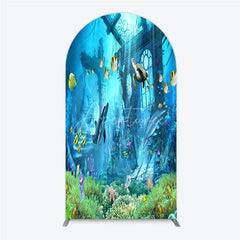 Aperturee - Aperturee Vibrant Underwater Ocean Round Top Arch Backdrop with Dolphins Sea Turtle Fish Sunken Ruins Coral Reef Party Decor