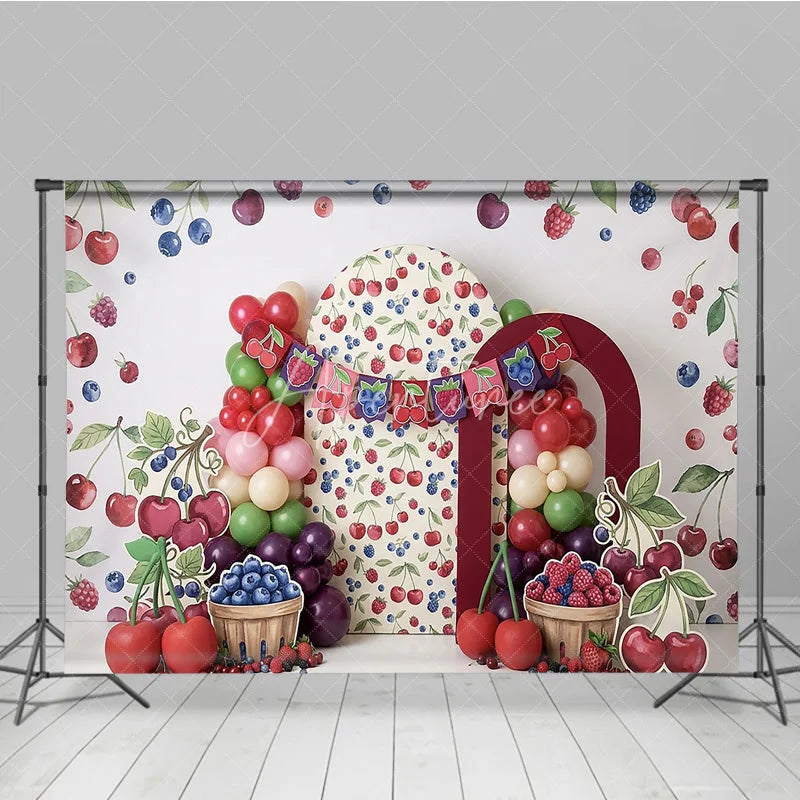 Aperturee - Aperturee Vibrant Watercolor Berry Photography Backdrop Sweet Cherry and Blueberry Theme for Birthday Party Decor