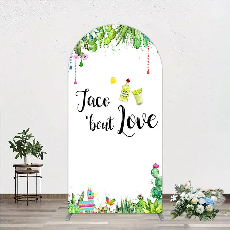 Aperturee - Aperturee Vibrant Watercolor Succulent Cactus Round Top Arch Backdrop Taco bout Love Mexican Fiesta Party Decor