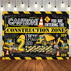 Aperturee - Aperturee Vibrant Yellow and Black Construction Zone 2nd Birthday Backdrop featuring Bulldozer and Dump Truck