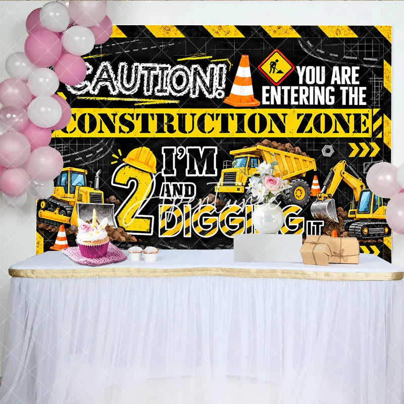 Aperturee - Aperturee Vibrant Yellow and Black Construction Zone 2nd Birthday Backdrop featuring Bulldozer and Dump Truck