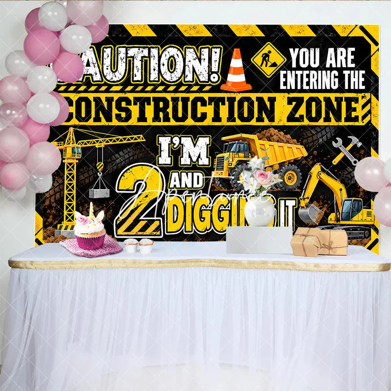 Aperturee - Aperturee Vibrant Yellow Black Construction Zone 2nd Birthday Backdrop featuring Crane Dump Truck Excavator for Boys Party Decor