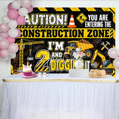 Aperturee - Aperturee Vibrant Yellow Black Construction Zone 2nd Birthday Backdrop featuring Crane Dump Truck Excavator for Boys Party Decor