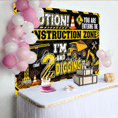 Aperturee - Aperturee Vibrant Yellow Black Construction Zone 2nd Birthday Backdrop featuring Crane Dump Truck Excavator for Boys Party Decor